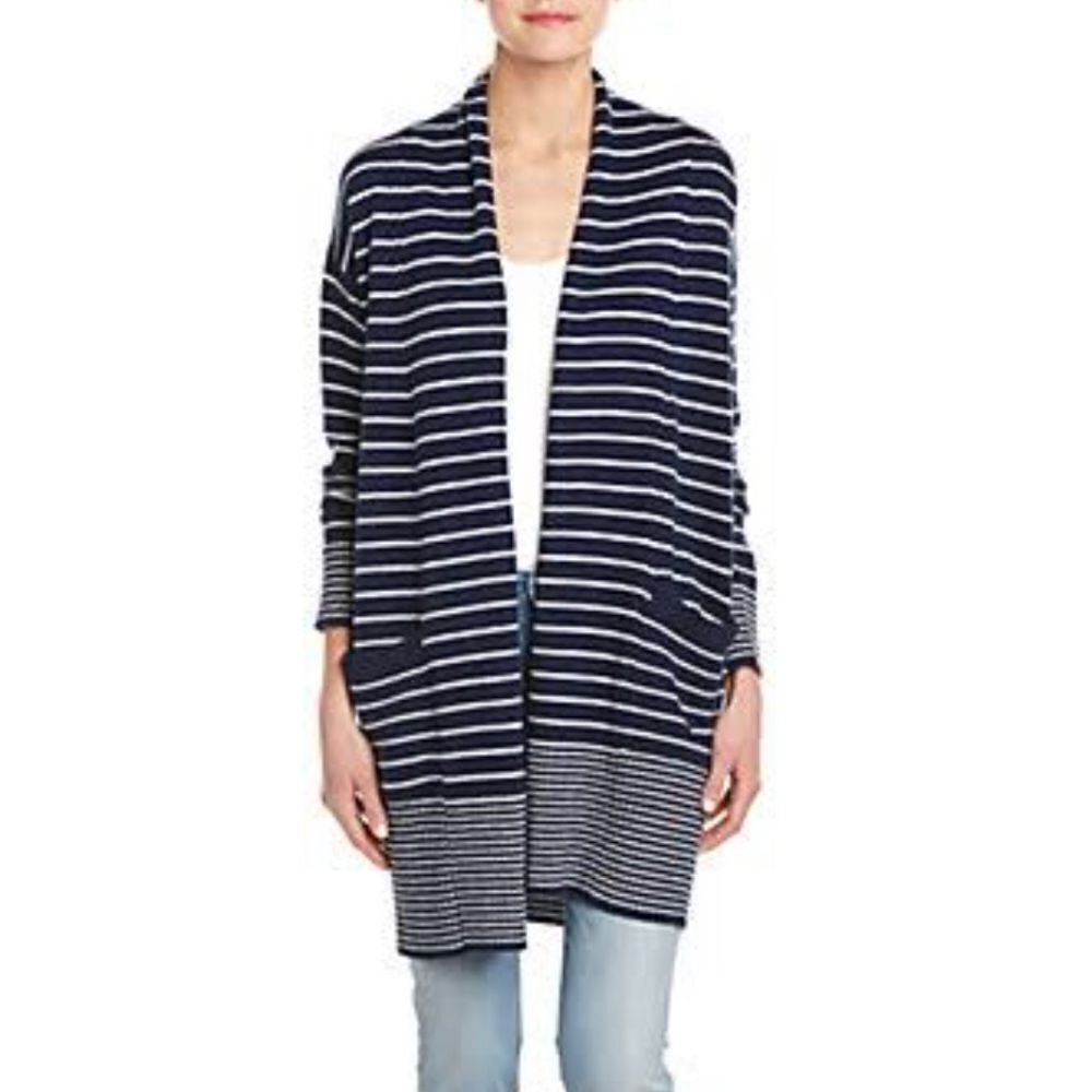 Splendid Wool Blend Cardigan Sweater Needle Stripe in Navy & Natural XS